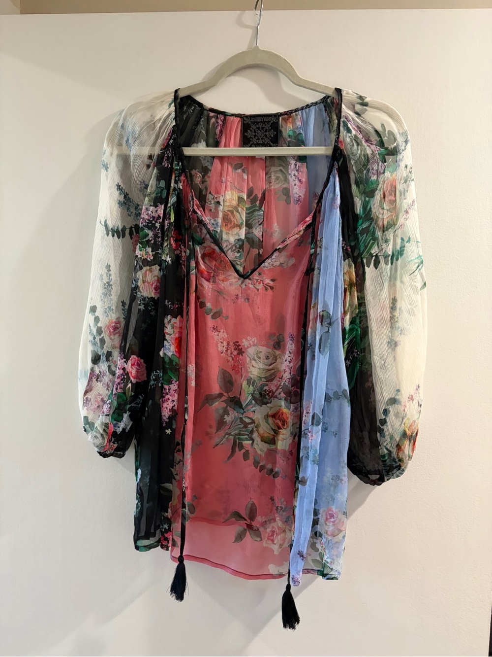 Johnny Was Floral Sheer Mixed-Color Blouse with Tassel Ties